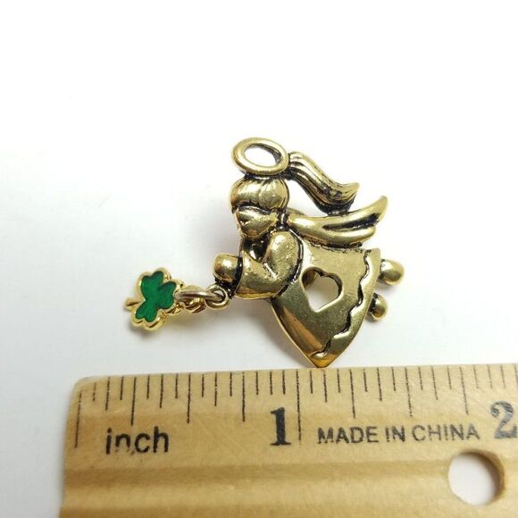 Vintage Angel with Shamrock Charm Lapel Pin Brooch, Gold Tone Green Enamel - Picture 3 of 5